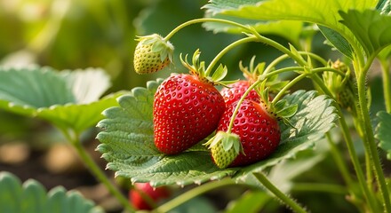 Vibrant strawberries at peak ripeness amidst lush green foliage and developing fruitlets
