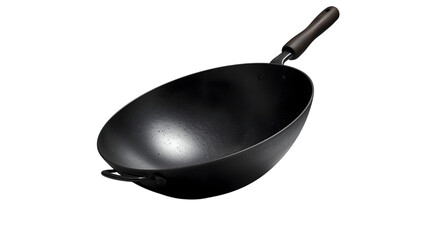 Black metal wok cooking utensil isolated on transparent background