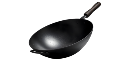 Black metal wok cooking utensil isolated on transparent background