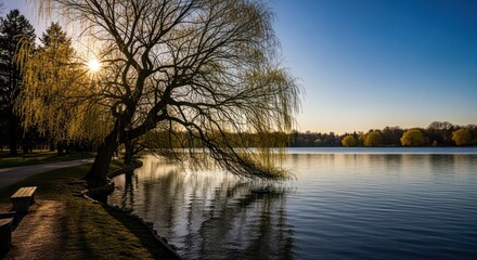 Sunburst over calm lake with weeping willow and park path