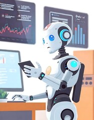 Fototapeta premium Humanoid Robot Working in Modern Corporate Office – Futuristic AI Business Technology