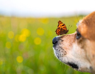 Tranquil moment: Dog's nose becomes perch for a delicate butterfly in field