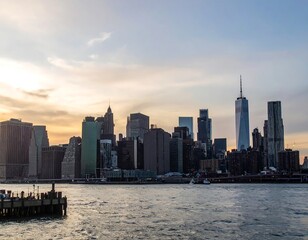 Fototapeta premium Majestic Manhattan Skyline at Twilight: A Serene Urban Panorama View