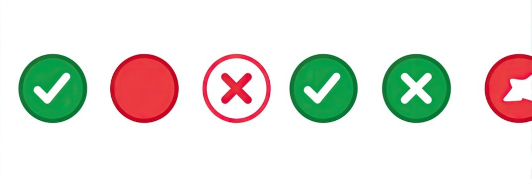 Four circular icons; two green checkmarks and two red crosses