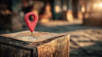 Gps location tracking icon, red map pin navigation, gps tracking on wooden block, geolocation tracking symbol, navigation map marker close-up