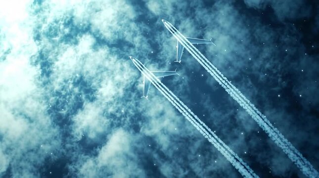 Airplane trail forming the shape of five stars in a clear blue sky, unique aerial stock photo concept symbolizing excellence, rating, and achievement.