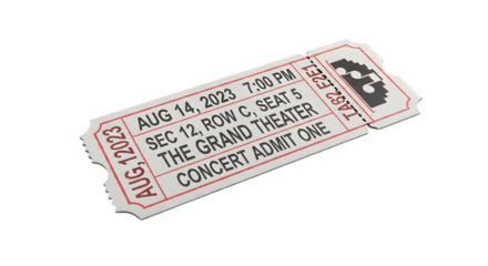 Concert admission ticket for august 14, 2023, 700 pm at the grand theater, section 12, row c, seat 5, isolated on transparent background