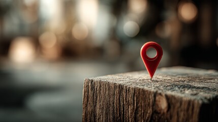 Gps location tracking icon, red map pin navigation, gps tracking on wooden block, geolocation tracking symbol, navigation map marker close-up
