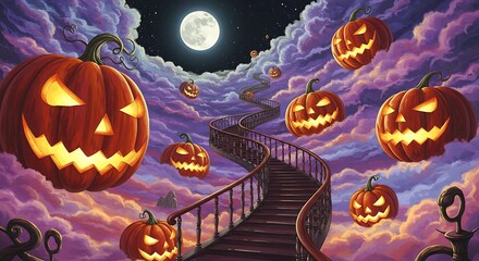 Artistic surreal Halloween dreamscape with giant floating pumpkins in the clouds and stairs leading to the moon