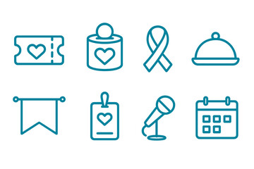 Variety of simple heart-themed icons representing events, activities, and support initiatives during a community gathering