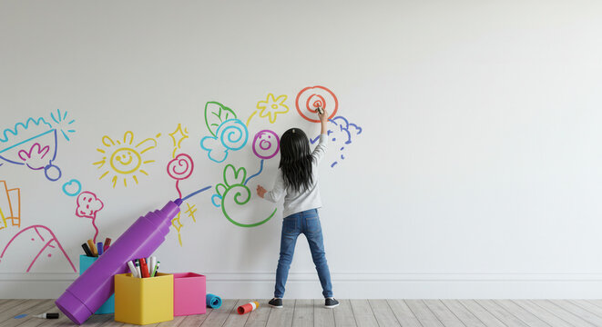 Young girl drawing colorful doodles on wall in bright room. coloring with marker - Powered by Adobe