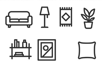 Fototapeta premium Modern living room decor elements including a couch, lamp, rug, plant, bookshelf, and picture frame arranged aesthetically