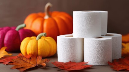 Autumn-themed arrangement with pumpkins and toilet paper rolls on leaves