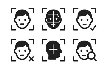 Icons representing various facial recognition features and identification methods in technology