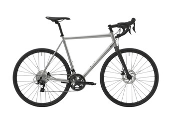 A modern silver road bicycle with disc brakes and drop handlebars, isolated on transparent background