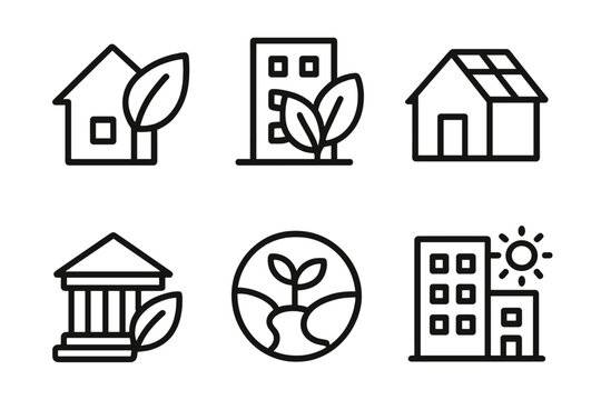 Icons representing sustainability concepts in urban and rural architecture on a plain background focusing on green solutions