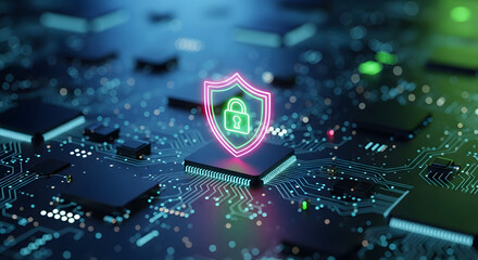 Digital circuit board background with a glowing holographic shield and padlock icon, symbolizing network security and data protection.