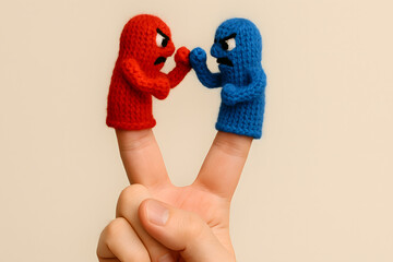 Playful conflict concept with two angry red and blue finger puppets facing each other in expressive confrontation, humorous representation of argument communication tension rivalry emotion for creativ