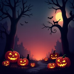 Modern Halloween Backdrop with Glowing Jack-O’-Lanterns, Autumn Leaves, Candles, and Spooky Elements