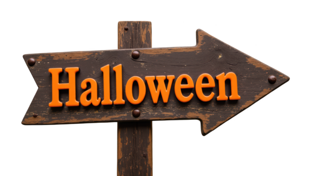 Halloween sign wooden arrow festive decoration autumn theme orange letters rustic style directional sign seasonal event spooky season holiday
