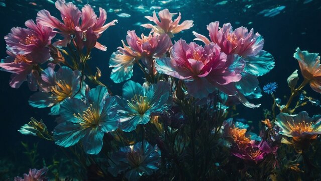 Iridescent Flowers Underwater with Sparkling Light Effects