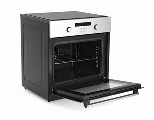 Obraz premium Modern compact black and silver electric oven with digital display and open door showing interior and adjustable racks, suitable for home cooking and baking