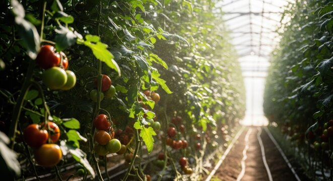 Tomato plants growing in a greenhouse with red, green, and yellow fruits