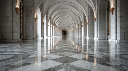 Grand Hallway, Marble Floor, Columns, Light Reflections, Architecture