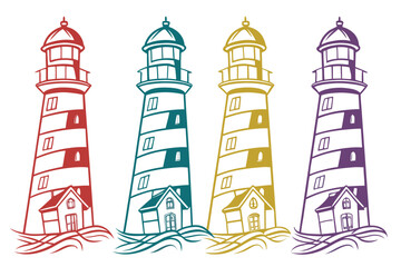 Four colorful lighthouses isolated on white background