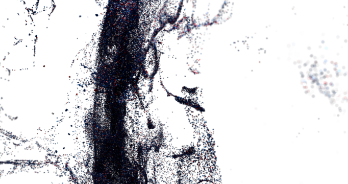 Abstract art, particle effect,  blue and red particles, white background.