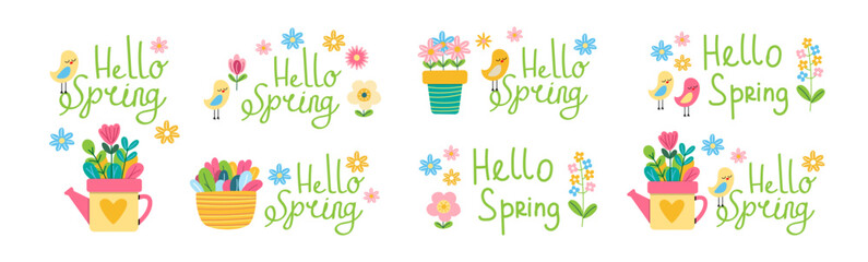 Cheerful spring-themed stickers with blooming flowers, cute birds, flower pots, and 