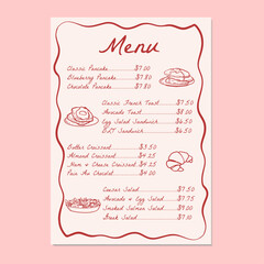Hand drawn restaurant breakfast foods menu. Vector illustration breakfast menu with list of foods and prices for restaurants and cafe