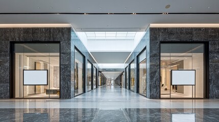 Modern Shopping Mall Interior with Storefronts, Marble Floors, and Natural Light from a Skylight