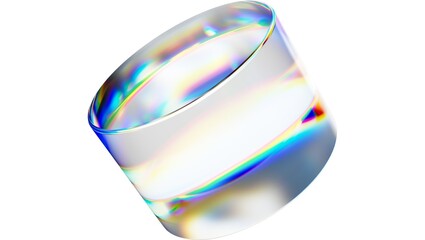 A tilted clear glass with rainbow reflections on a white background in a studio environment
