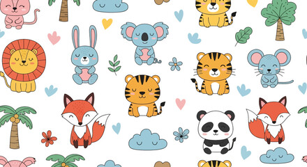 A delightful seamless pattern featuring adorable cartoon animals like tigers, lions, koalas, foxes, pandas, bunnies, and mice with hearts, flowers, and palm trees on white
