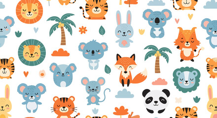 A delightful seamless pattern featuring adorable cartoon animals like tigers, lions, koalas, foxes, pandas, bunnies, and mice with hearts, flowers, and palm trees on white