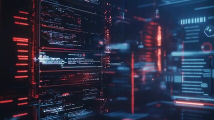 Futuristic server room showing programming code on digital screens - Powered by Adobe