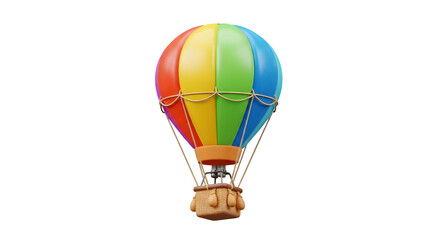 Obraz premium Colorful rainbow striped hot air balloon with basket isolated on transparent background for travel and adventure