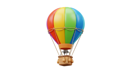 Colorful rainbow striped hot air balloon with basket isolated on transparent background for travel and adventure