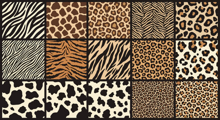 A collection of seamless animal print patterns including zebra stripes, giraffe spots, leopard rosettes, cheetah spots, tiger stripes, cow spots, and abstract spots © meeblues