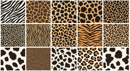 A collection of seamless animal print patterns including zebra stripes, giraffe spots, leopard rosettes, cheetah spots, tiger stripes, cow spots, and abstract spots © meeblues