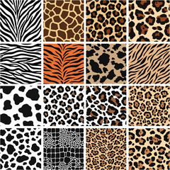 A collection of seamless animal print patterns including zebra stripes, giraffe spots, leopard rosettes, cheetah spots, tiger stripes, cow spots, and abstract spots