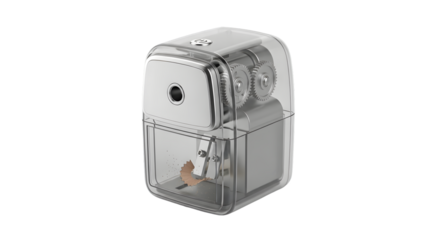Transparent electric pencil sharpener with metal accents isolated on transparent background for school and office supplies