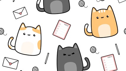 Seamless pattern with cartoon cats, envelopes, to do lists, pencils, and yarn balls on a white...
