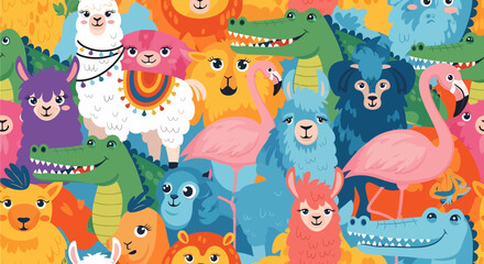 A cute and colorful seamless pattern featuring cartoon llamas, flamingos, and alligators with tropical leaves on a blue background. Ideal for children's fabric and prints