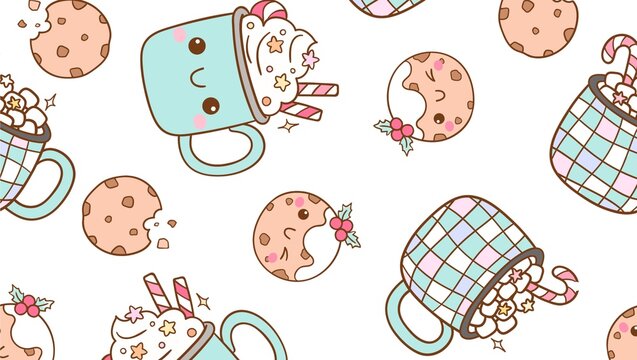 Seamless pattern of cute cartoon cookies with bites and mugs filled with sweets on a white background