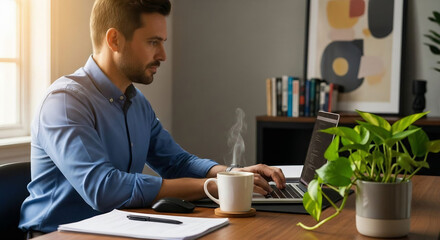  A focused professional man works on his laptop at a desk in a comfortable home office, sipping coffee while engaged in remote work, programming, or online business tasks