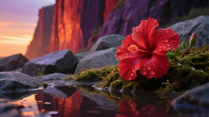 Red Hibiscus Glows: Sunset Reflection on Mossy Rocks