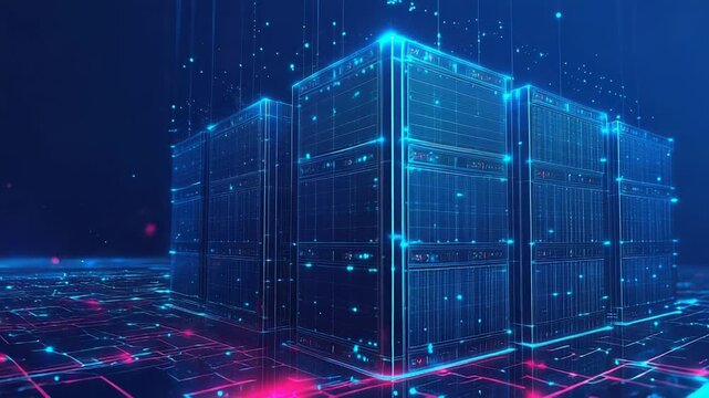 Server racks glowing in futuristic datacenter, big data processing