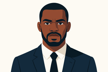 Professional Black Businessman Portrait Vector – Confident Male Executive in Stylish Suit and Tie, Upper Body Illustration, Serious Expression, Corporate Leader, Diversity, Isolated Background